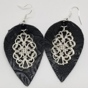 NWT Black and Silver Faux Leather Drop Earrings